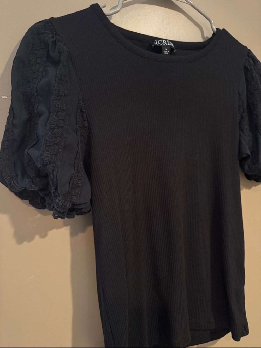 J. Crew Black Ribbed Puff-Sleeve Tee